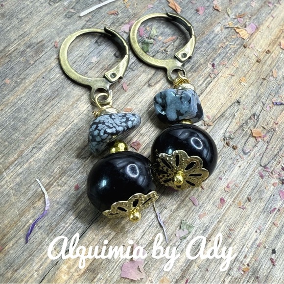 BRASS AND SNOWFLAKE OBSIDIAN EARRINGS BOHO STATEMENT - Picture 1 of 1